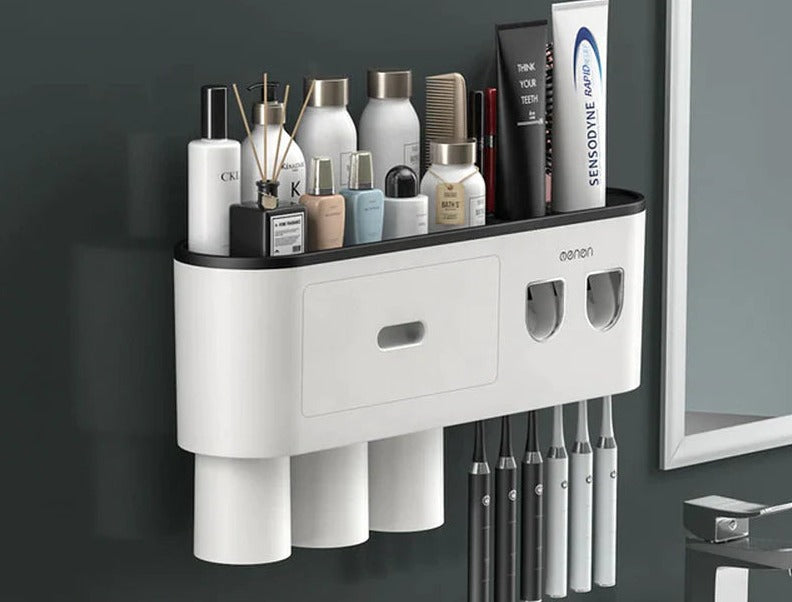 Wall-Mounted Magnetic Toothbrush Holder with Waterproof Storage Box and Toothpaste Dispenser - Bathroom Accessories Set with 2/3/4 Cups"