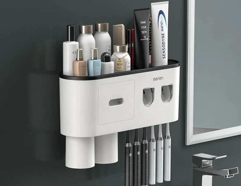 Wall-Mounted Magnetic Toothbrush Holder with Waterproof Storage Box and Toothpaste Dispenser - Bathroom Accessories Set with 2/3/4 Cups"