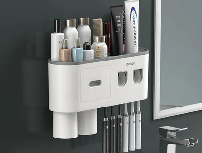Wall-Mounted Magnetic Toothbrush Holder with Waterproof Storage Box and Toothpaste Dispenser - Bathroom Accessories Set with 2/3/4 Cups"