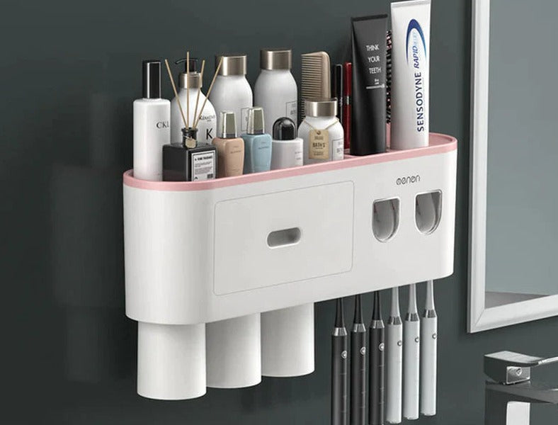 Wall-Mounted Magnetic Toothbrush Holder with Waterproof Storage Box and Toothpaste Dispenser - Bathroom Accessories Set with 2/3/4 Cups"