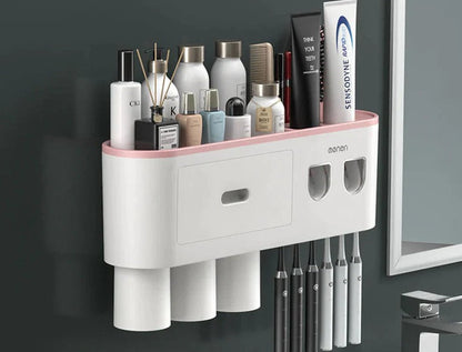 Wall-Mounted Magnetic Toothbrush Holder with Waterproof Storage Box and Toothpaste Dispenser - Bathroom Accessories Set with 2/3/4 Cups"