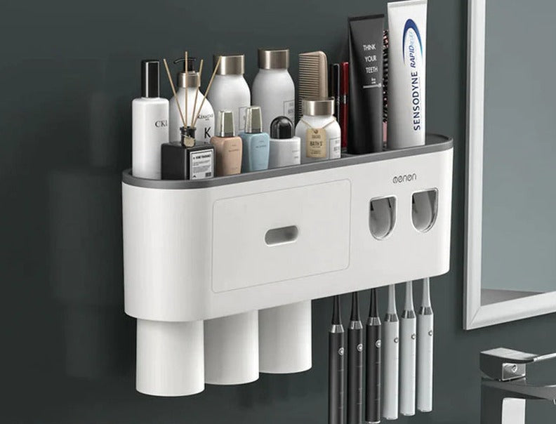 Wall-Mounted Magnetic Toothbrush Holder with Waterproof Storage Box and Toothpaste Dispenser - Bathroom Accessories Set with 2/3/4 Cups"