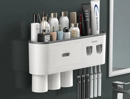 Wall-Mounted Magnetic Toothbrush Holder with Waterproof Storage Box and Toothpaste Dispenser - Bathroom Accessories Set with 2/3/4 Cups"